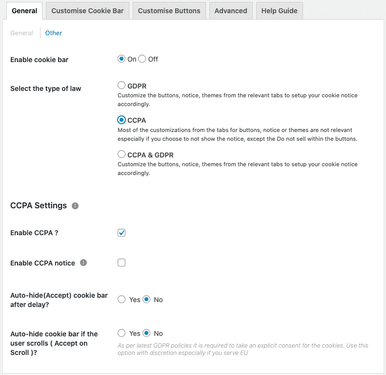 configure website settings for GDPR, CCPA laws